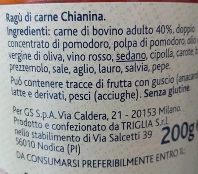 Lista de ingredientes del producto Ragú Toscano di Carne Chianina Terre d'Italia 