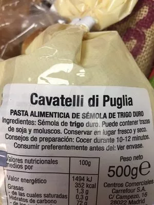 Lista de ingredientes del producto Cavatelli terre d'italia 500 g