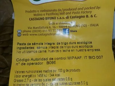 Lista de ingredientes del producto Pâtes complètes Castagno bio 500g