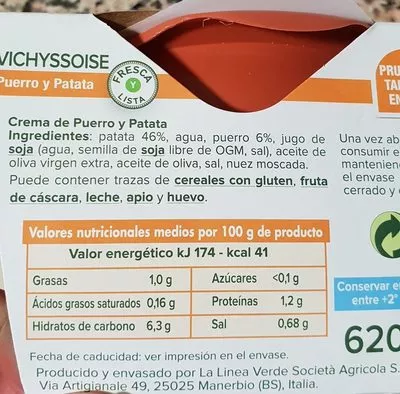 Lista de ingredientes del producto Vichyssoise Puerro y Patata La Línea Verde 620 g