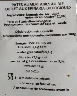 Lista de ingredientes del producto Tagliatelles épinards Iris 500 g