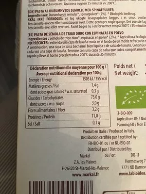 Lista de ingredientes del producto Lasagnes aux épinards Bio - 250G La bio idea 