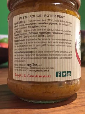 Lista de ingredientes del producto Pesto Rosso (pesto Rouge) 180GR Pralina 