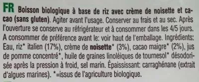 Lista de ingredientes del producto Boisson Riz 17 % Noisette Cacao délice végétal 1 L e