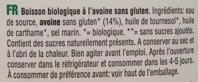 Lista de ingredientes del producto Boisson avoine 14% sans gluten Delice vegetal 