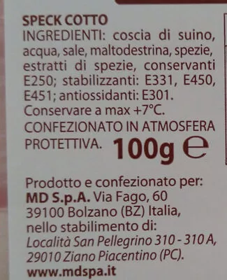 Lista de ingredientes del producto speck cotto la fattoria, md, salumificio San Carlo 100 g