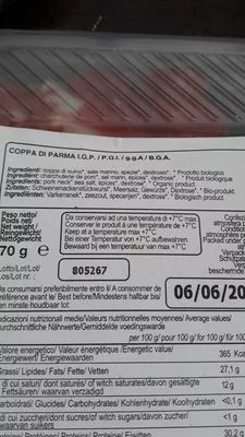 Lista de ingredientes del producto Coppa di Parma Prima Vera 70 g