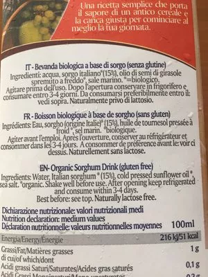 Lista de ingredientes del producto Boisson Sorgho Isola bio 