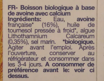 Lista de ingredientes del producto Boisson Avoine Calcium Isola bio 0.5 L