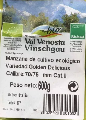 Lista de ingredientes del producto Manzanas Variedad Golden Delicious Val Venosta 600 g (4 Ud.)