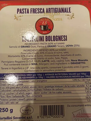 Lista de ingredientes del producto tortellini bolognesi siberiani bologna 250 g