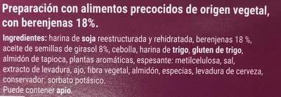 Lista de ingredientes del producto Hamburguesas vegetales con berenjenas Kioene 200 g (2 x 100 g)