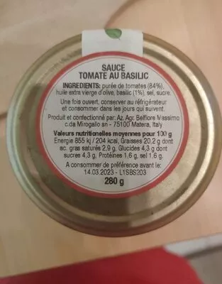 Lista de ingredientes del producto Sauce tomate au basilic Nonna Bruna 