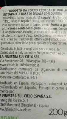 Lista de ingredientes del producto Pan crujiente integral de Centeno y Quinoa  