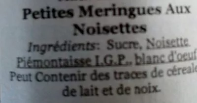 Lista de ingredientes del producto Petites meringues aux noisettes Bonfante 100 g