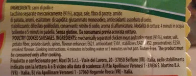 Lista de ingredientes del producto wurstel di pollo e tacchino salumeria del corso, aia, veronesi 100 g