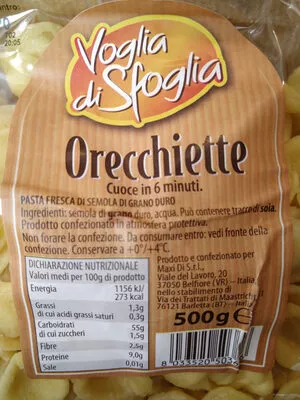 Lista de ingredientes del producto orecchiette voglia di sfoglia, maffei 500 g