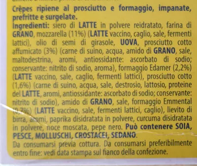 Lista de ingredientes del producto fagottini prosciutto e mozzarella si fa bontà, sia, società Italiana alimenti 250 g