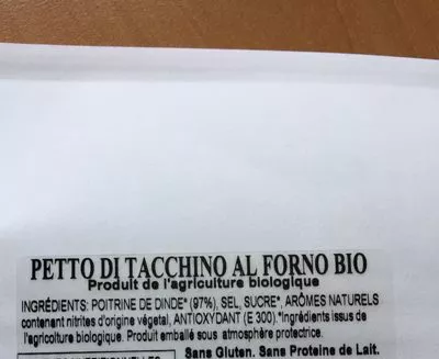 Lista de ingredientes del producto Petto di tacchino bio al forno Citterio 80g