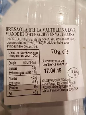 Lista de ingredientes del producto Bresaola Della Valtellina I.G.P. Citterio 70 g