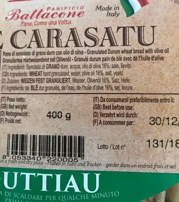 Lista de ingredientes del producto Pane carasatu  