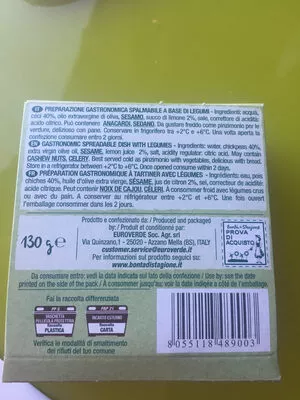 Lista de ingredientes del producto Hummus di ceci classico con limone Bonta di stagione 130g