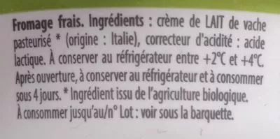 Lista de ingredientes del producto Mascarpone bio L'Italie du Bio, Brescia 