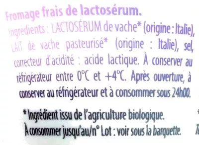 Lista de ingredientes del producto Ricotta bio L'Italie des Fromages, L'Italie du Bio 