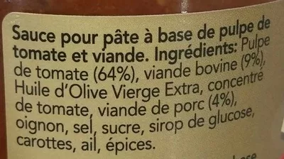 Lista de ingredientes del producto Sauce à la Bolognaise L'Italie des Saveurs 180 g