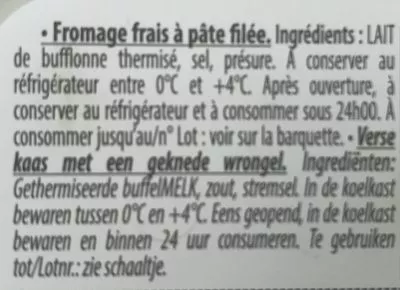 Lista de ingredientes del producto Mozzarella di buffala campana dop Tresse L'italie Des Fromages 200 g