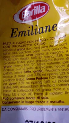 Lista de ingredientes del producto Emiliane Tortellini Prosciutto crudo Barilla 500 g