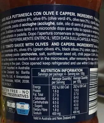 Lista de ingredientes del producto Puttanesca Barilla 400 g