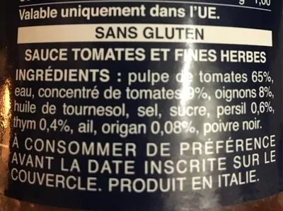 Lista de ingredientes del producto Sauce provençale Barilla 400 g