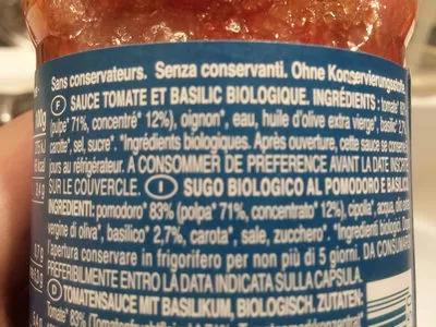 Lista de ingredientes del producto Sauce tomate basilic biologique Barilla 200 g