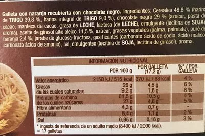 Lista de ingredientes del producto Digestive chocolate negro y naranja Fontaneda 300 g