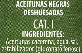 Lista de ingredientes del producto Aceitunas negras deshuesadas variedad "cacereña" Carbonell 340 g (neto), 150 g (escurrido), 370 ml