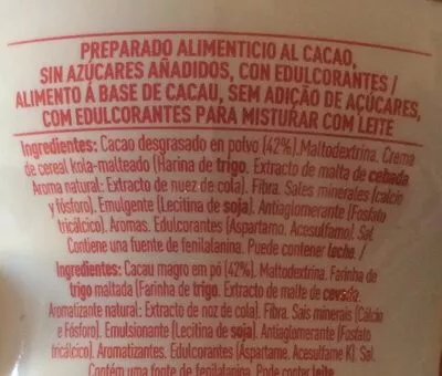 Lista de ingredientes del producto Cola Cao 0% azúcares añadidos Cola Cao 300 g