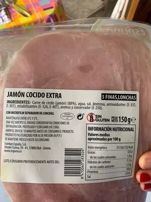 Lista de ingredientes del producto Jamón cocido Espuña 150 g