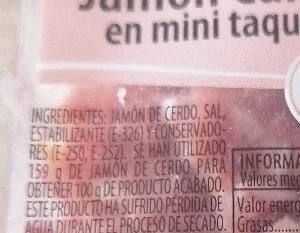 Lista de ingredientes del producto Mini taquitos de jamón curado  