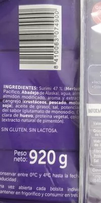 Lista de ingredientes del producto Palitos Surimi 24 palitos en 6 bolsas Pescanova 460g