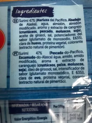 Lista de ingredientes del producto Palitos de Mar Pescanova 