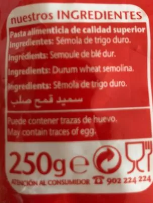 Lista de ingredientes del producto Pâtes fideo Gallo 250 g