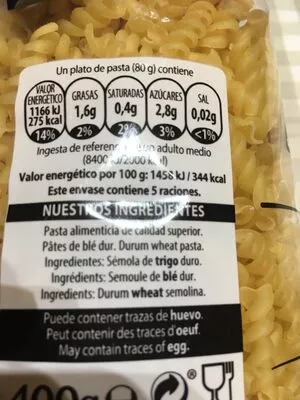 Lista de ingredientes del producto Sedalis Helices Gallo 