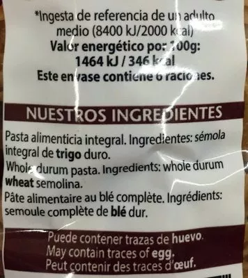 Lista de ingredientes del producto Hélices integral Gallo 500 g