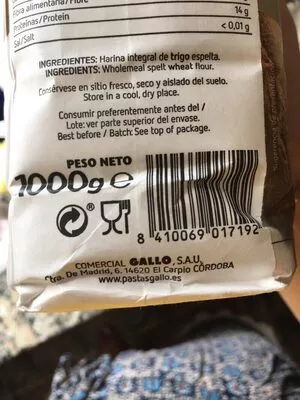 Lista de ingredientes del producto Harina de espelta integral Gallo 4000 g