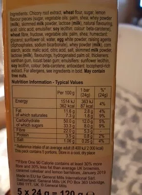 Lista de ingredientes del producto Fibre one 90 calorie General Mills 5 x 24 g