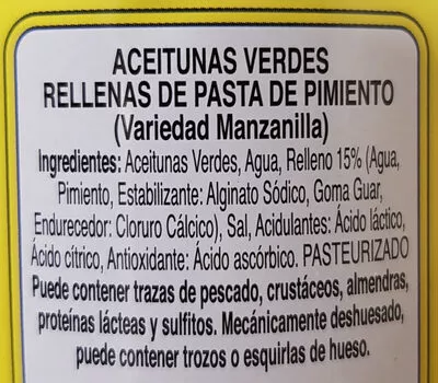 Lista de ingredientes del producto Aceitunas verdes rellenas de pimiento Ybarra 150 g