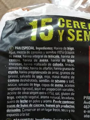 Lista de ingredientes del producto Pan 15 cereales Dulcesol 