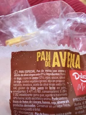 Lista de ingredientes del producto Pan de avena dulcesol 