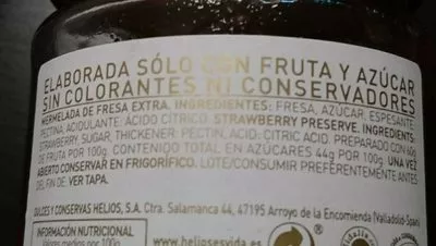 Lista de ingredientes del producto Mermelada extra de fresa 65% de fruta Helios 340 g